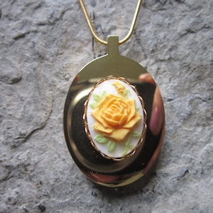 Choose Gold or Silver - Yellow Rose Cameo Gold Plated Stainless Steel Urn Necklace - Ashes - Hair - Floral - Roses - Rose Bud