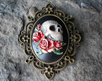 Hand Painted - Skull and Roses - Black -  Cameo Pendant Necklace- 2 3/4" Long - Bronze Setting,