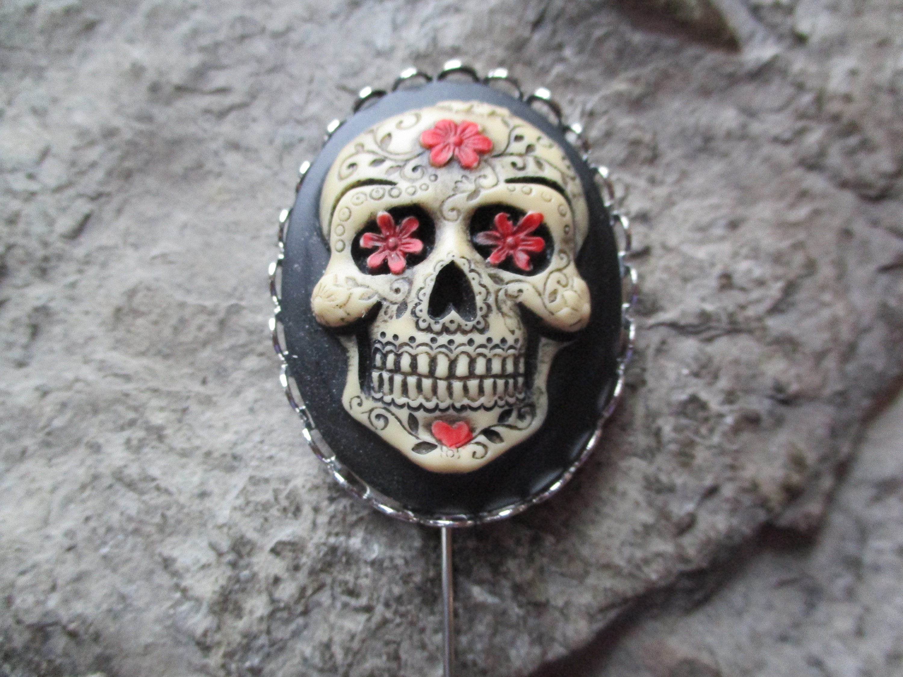 Sugar Skull Hand Painted Cameo Stick Pin - Hat Pin - Scarf Pin, Tie Pin - Goth - Day of the Dead ~ Día de los Muertos