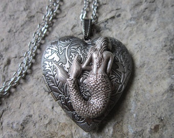 Mermaid Dark Silver Plated Heart Locket - High Quality - Tropical - Siren -  - Vacation - Cruise - Photos, Keepsakes