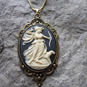 Goddess Diana the Huntress Cameo Gold Plated Pendant Necklace - Unique - Forrest - Hunter - Dog - Diane