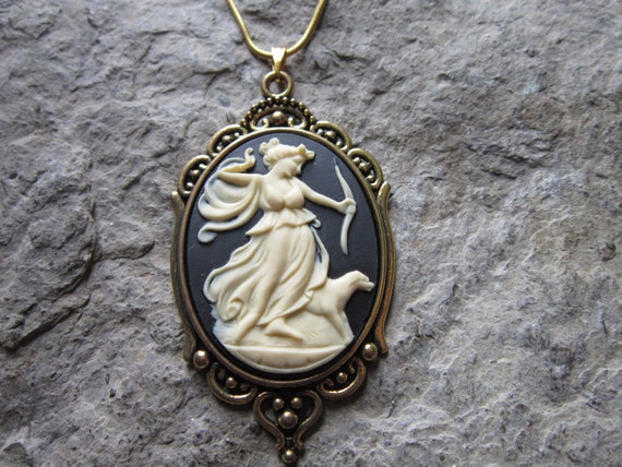 Goddess Diana the Huntress Cameo Gold Plated Pendant Necklace