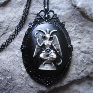 2 in 1 - Baphomet (Hand Painted) Cameo Black Brooch/Pin/Necklace - Occult - Pagan, Goth, Unique