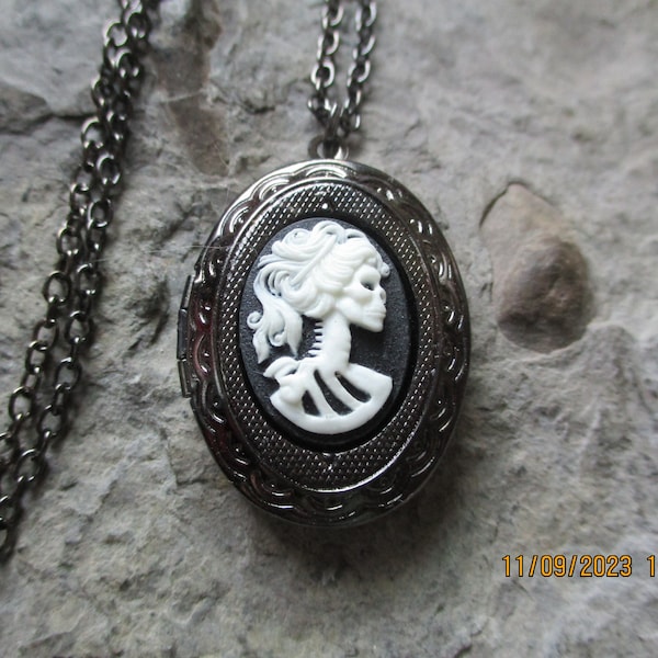 Choose White or Black Skeleton Woman - Dark Silver / Gunmetal Cameo Locket - High Quality - Photos, Keepsakes