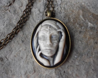 Zombie Woman, Sugar Skull, Day of the Dead, Skull (Hand Painted) Cameo Pendant Necklace- Halloween, Unique
