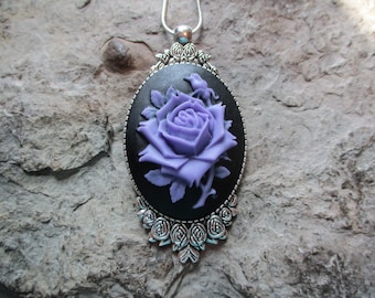 Purple Rose Cameo Necklace (on black) Beautiful Rose Detail and Great Quality - Silver Plated Roses Setting