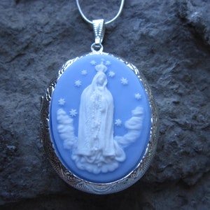 Choose Blue, Purple or Pink - Virgin Mary Cameo Silver Plated Locket - Virgin Mother, Mother Mary, Religious, Easter, Christmas