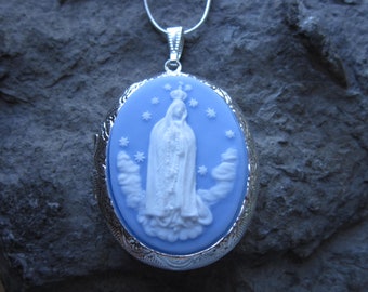 Choose Blue, Purple or Pink - Virgin Mary Cameo Silver Plated Locket - Virgin Mother, Mother Mary, Religious, Easter, Christmas