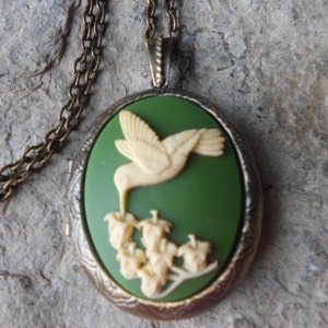 Hummingbird Cameo Bronze Locket (Cream on Olive Green)- Antiqued Look - Quality
