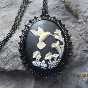 Ivory Hummingbird on Black Cameo Black Enamel Pendant Necklace - Unique - Bird Lover Gift - Bird Collector - Wedding - Bridal