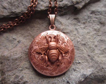 Bee Rose Gold Ox Plated Round Locket  - High Quality - Photos, Keepsakes, Bumble Bee, Beekeeper, Bee Gift, Bee Collector