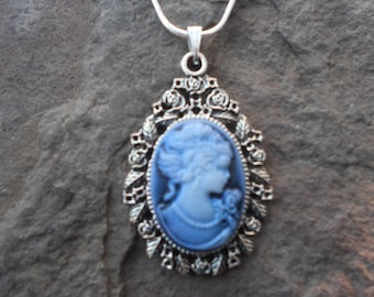 Stunning Victorian Woman Cameo Pendant Necklace (blue)---.925 plated 22" Chain--- Great Quality