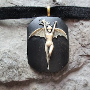 Vampire, Vampiress, Bat Woman Hand Painted Cameo Black Velvet Choker Necklace - Victorian Goth - Goth - Dark - Devil - Demon