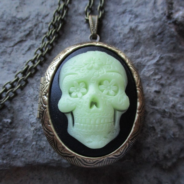 GLOW in the Dark Sugar Skull Bronze Locket- Skeleton - Skull - Flowers - Bronze - Antique Look - Great Quality!!