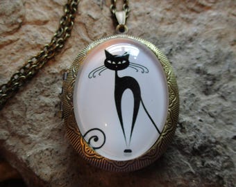 Choose From Several Finishes - Black Cat Glass Cabochon Locket - Cat Gift - Cat Lover