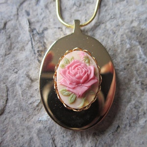 Choose Pink or Brown - Rose Cameo Gold Plated Stainless Steel Urn Necklace - Ashes - Hair - Floral - Roses - Rose Bud