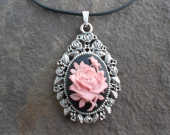 Stunning Pink Rose on Black Cameo Pendant Necklace--- Great Quality--- Unique Piece