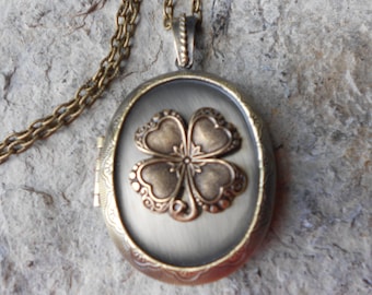 Irish Shamrock - Four Leaf Clover Bronze Lockets-  2" Long - Antique Look- Great Quality!! St. Patrick's Day - Irish Heritage, Clover