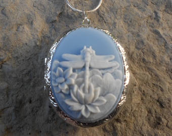 LOCKET--Stunning Dragonfly (white on blue) Pendant Locket--  2" long---.925 plated 22" Chain--- Great Quality