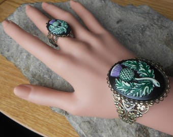 Scottish Thistle (Hand Painted Cameo) Bronze Filigree Bracelet and Matching Ring - Great Quality - Scotland