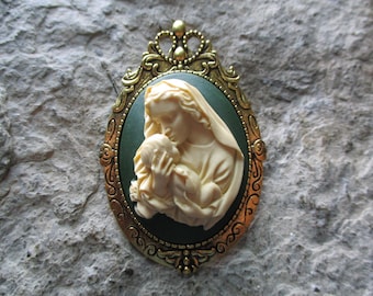 Choose Gold, Silver or Bronze - 2 in 1 - Virgin Mary Kissing Baby Jesus Painted Cameo Brooch/Pin/Pendant - Easter - Christmas - Religious