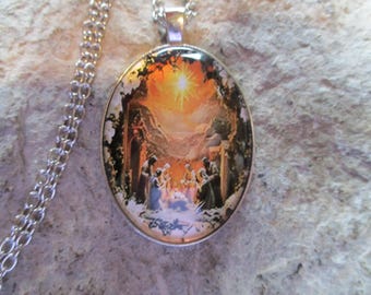 Religious Nativity Scene Glass Cabochon - Cameo Silver Plated Pendant Necklace - Unique - Religious - Easter - Christmas