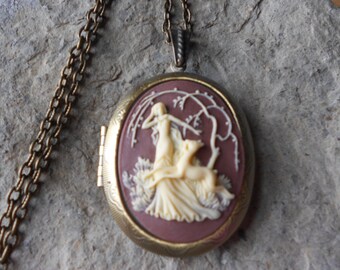 LOCKET - Goddess Diana (the huntress) with a Deer Cameo,  2" long--- Bronze - Antique Look--- Woodland - Great Quality!!