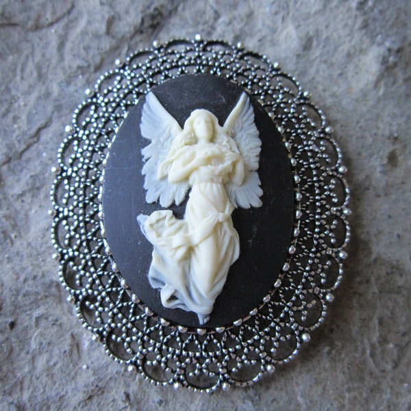 Choose Black or Blue - 2 in 1 - Guardian Angel Cameo Brooch/Pin/Pendant Beautiful Detail and Great Quality - Easter - Christmas - Religious