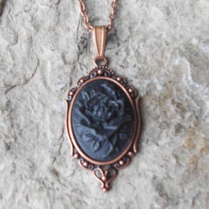 Black Rose Cameo Copper Necklace - Great Quality - Goth, Witch, Vampire, Mourning, Halloween, Formal