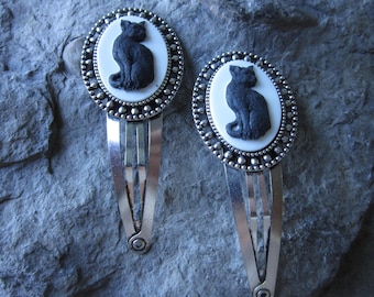 Choose Silver or Bronze - Pair of Black Kitty Cat Hair Clips - Cat Lover - Cat Gift - Feline - Halloween - Witch - Spooky - Scary