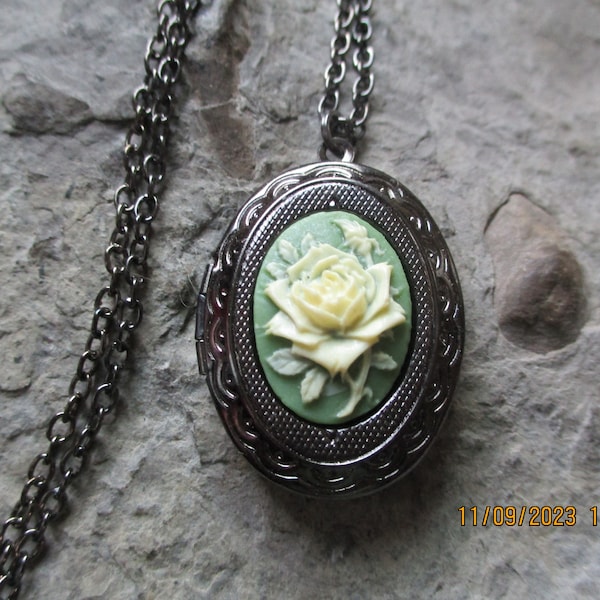 Pale Yellow Rose on Green Dark Silver / Gunmetal Cameo Locket - High Quality - Weddings, Photos, Keepsakes