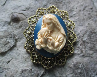 Choose Gold or Silver - Hand Painted Virgin Mary Kissing Baby Jesus Cameo Brooch, Easter - Christmas - Religious -Mother and Baby