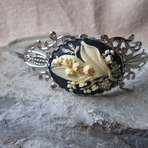 Choose Black, Green, Blue, Burgundy and Pink - Lily of the Valley Cameo and Filigree Silver Hairband - Wedding - Bridal - One Size - Formal