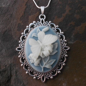 Stunning Butterfly Cameo Pendant Necklace (white on blueish gray) 2&quot;---.925 plated 22&quot; Chain--- Great Quality!! 2&quot; Long