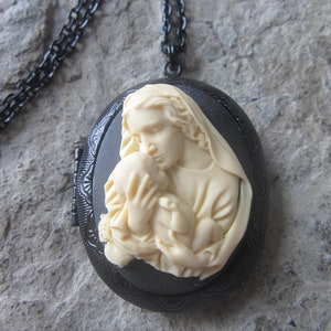 Virgin Mary & Baby Jesus Cameo on a Black Enamel Locket - Wedding - Bridal - Unique - Religious - Christmas - Easter - Mother Mary - Mother