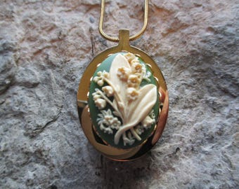 Choose Green, Black, or Blue - Lily of the Valley Cameo Gold Plated Stainless Steel Urn Necklace - Ashes - Floral - Memorial Jewelry