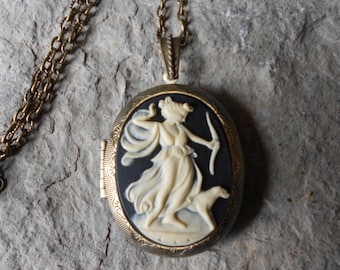 BRONZE LOCKET--Stunning Goddess Diana with Dog Pendant Locket- The Huntress-  2" long -  Antique look - Vintage-- Great Quality