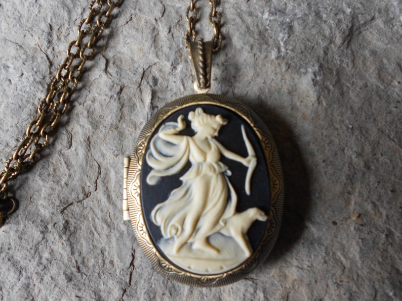 BRONZE LOCKETStunning Goddess Diana with Dog Pendant Locket The Huntress 2 long Antique look Vintage Great Quality image 1