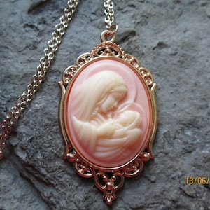 Virgin Mary & Baby Jesus Cameo Rose Gold Tone Pendant Necklace - Unique - Religious - Easter - Christmas