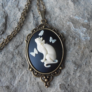 Kitty Cat and Butterflies Cameo Necklace - Bronze Setting, Bronze Chain - Christams