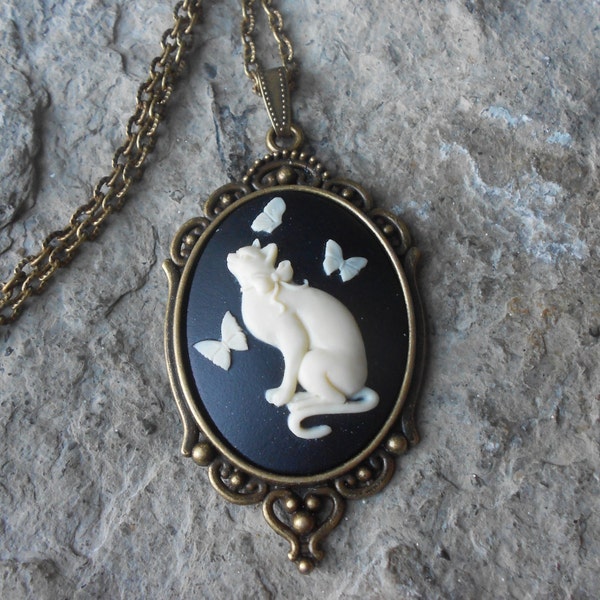 Kitty Cat and Butterflies Cameo Necklace - Bronze Setting, Bronze Chain - Christams