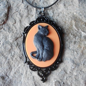 Halloween Black Cat (on an orange background) Cameo Pendant Necklace --- Black Leather Necklace--- Great Quality