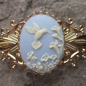 Choose Blue, Black, or Purple - Hummingbird Cameo Gold Filigree Barrette - Hair Accessory - Bride - Hair - Bridal Accessory