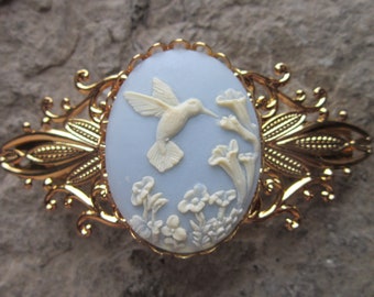 Choose Blue, Black, or Purple - Hummingbird Cameo Gold Filigree Barrette - Hair Accessory - Bride - Hair - Bridal Accessory