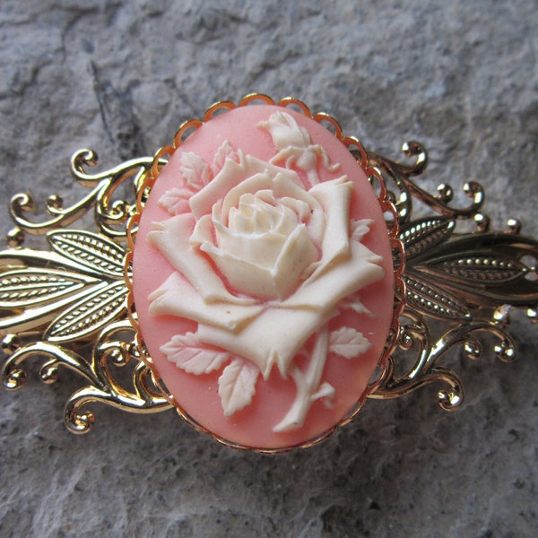 Choose Peach or Aqua Background - Pale Yellow Rose Cameo Gold Filigree Barrette -Hair Accessory - Bride - Hair - Bridal Accessory - Floral