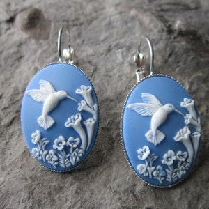 Choose Silver, Gold or Bronze - Hummingbird (on Sky Blue) Cameo Lever Back French Earrings - Humming Bird - Bird - Wonderful Quality!!!
