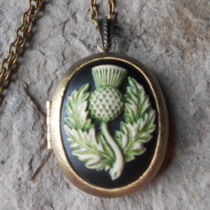 LOCKET--Stunning Scottish Thistle Cameo (hand painted green) Bronze Pendant Locket-- Scotland -  2&quot; long--Antiqued Look--- Great Quality