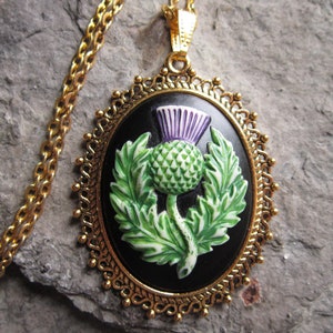 Hand Painted Scottish Thistle Cameo Gold Plated Pendant Necklace - Unique - Scotland - Kilt Accessory - Scottish Heritage