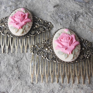 Pair of Pink Rose Cameo Bronze Filigree Hair Combs - Hair Accessory - Hair Clips - Barrettes - Wedding - Bridal - Formal - Prom - Evening