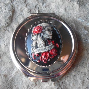 Choose Red or Purple - Hand Painted Forever Love Skeleton Woman - Cameo Compact Mirror - Makeup Mirror, Beauty, Pill Case, Stash, Holder